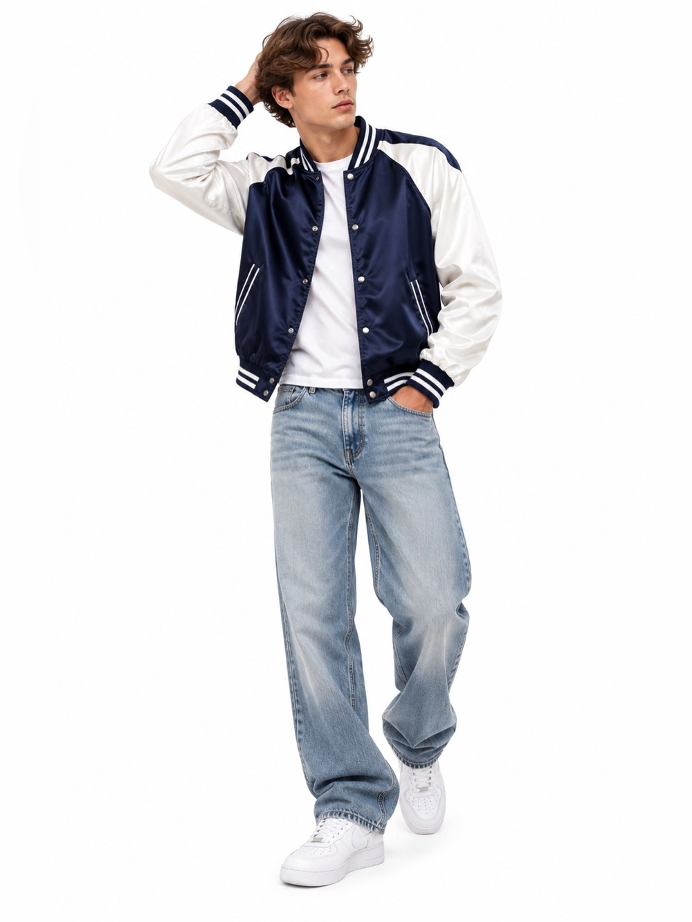 Vintage Penmans Navy White Satin Sukajan Souvenir Bomber Jacket – Size Large EUC